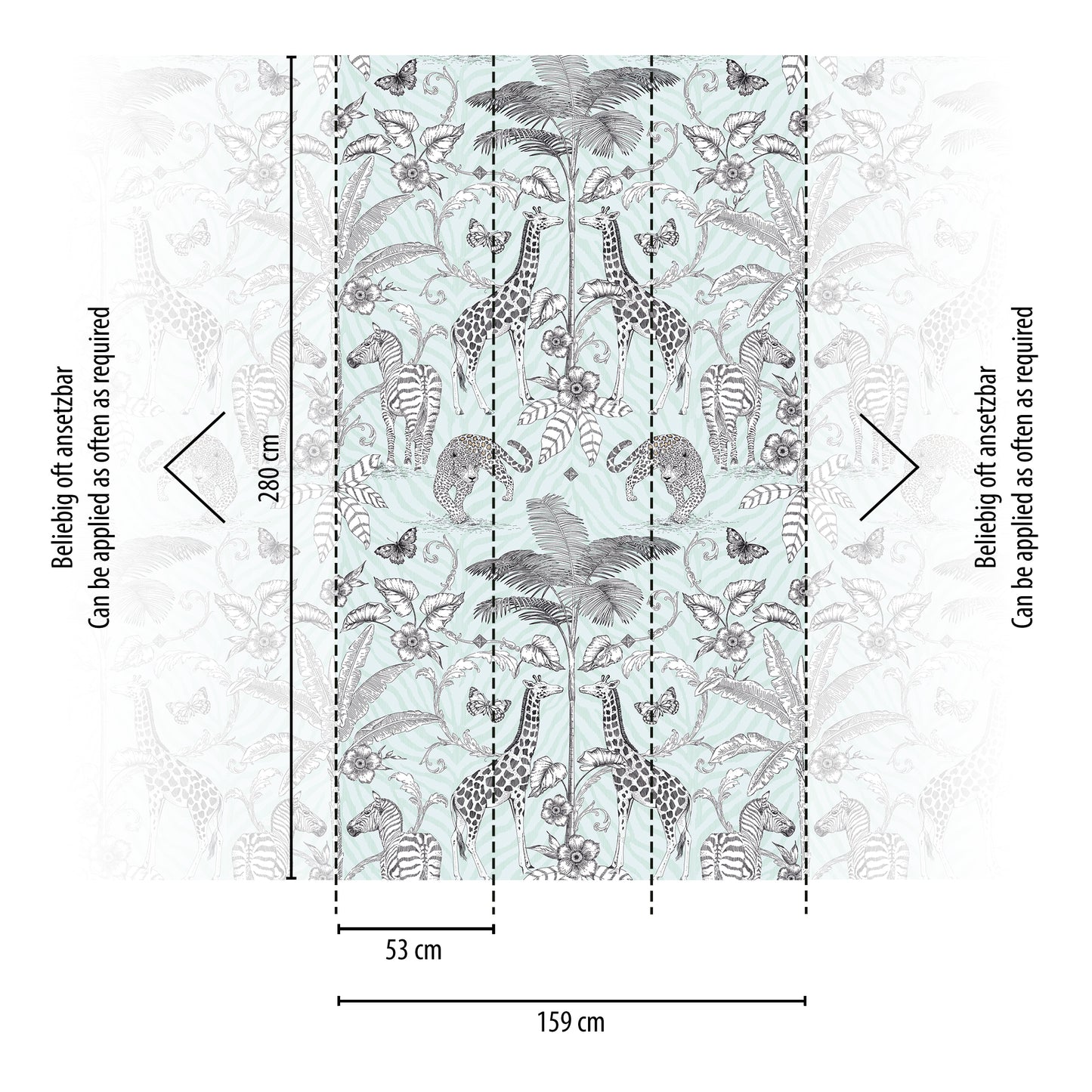 Fototapete Safari Tiere Mint Grau - 1,59 m x 2,80 m