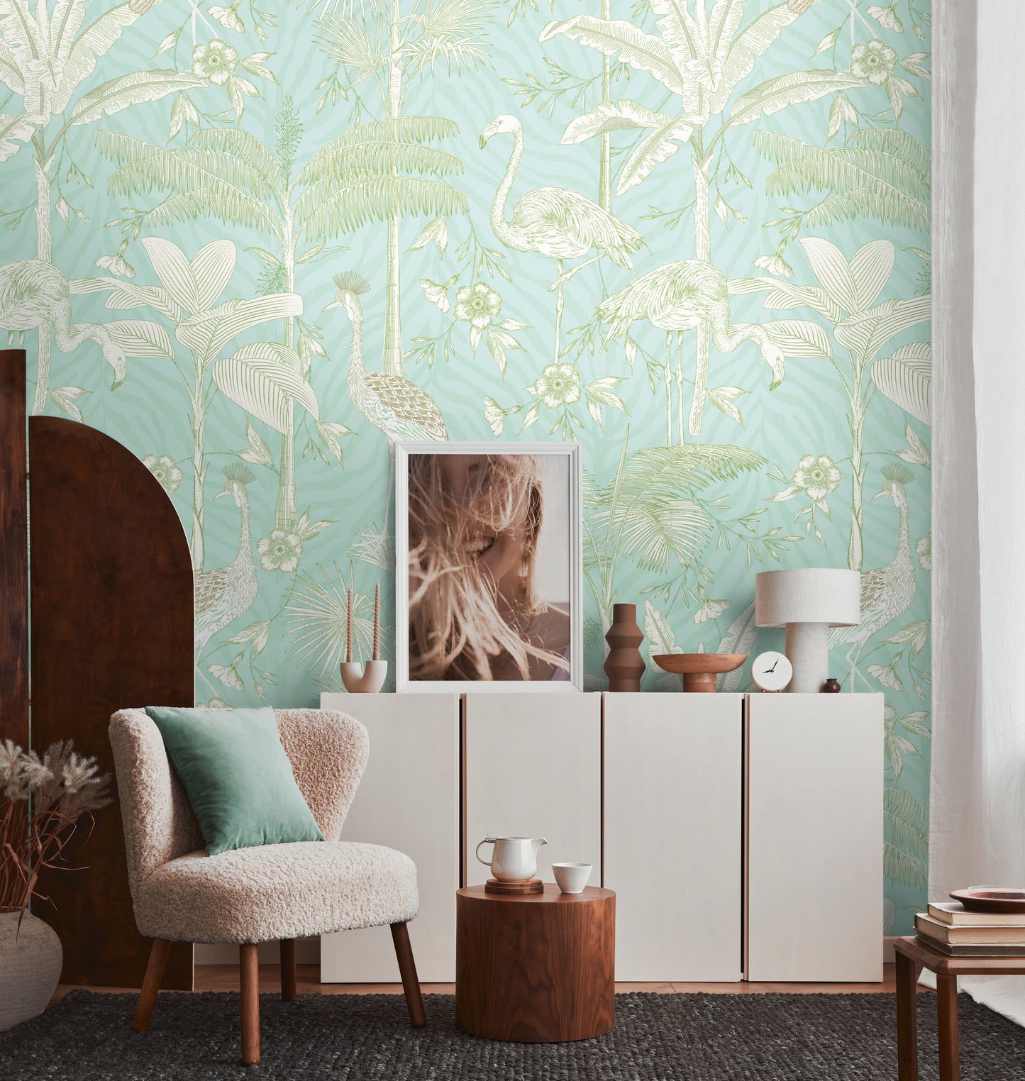 Fototapete Flamingo Dschungel Mint Beige - 1,59 m x 2,80 m