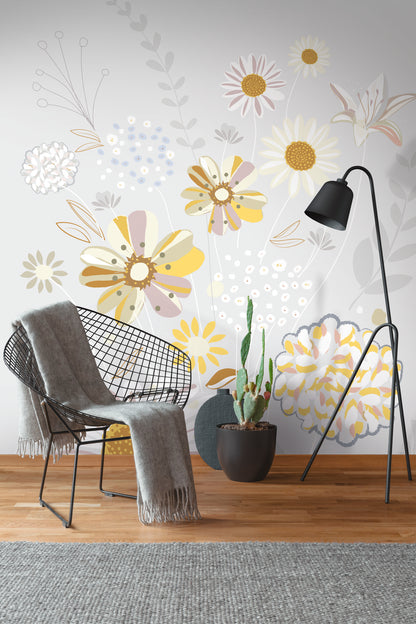 Fototapete Blumen Grau Gelb - 1,59 m x 2,80 m