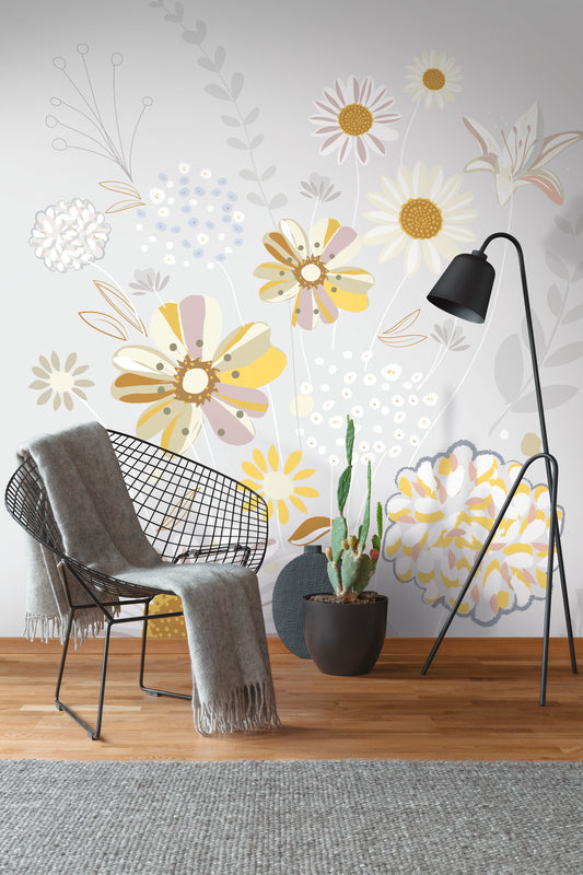 Fototapete Blumen Grau Gelb - 1,59 m x 2,80 m
