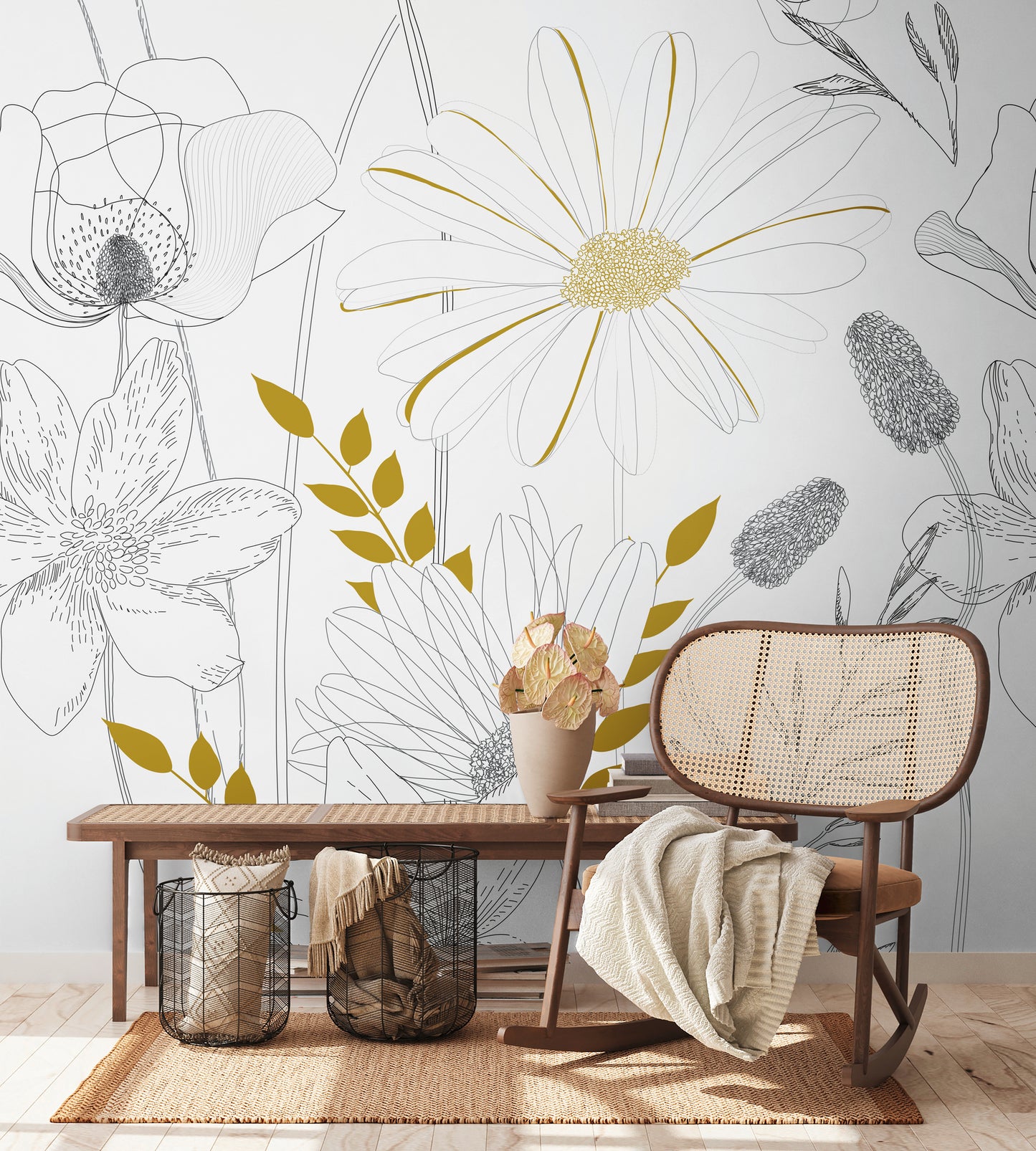 Fototapete Blumen Line Art – 2,80 m x 1,59 m