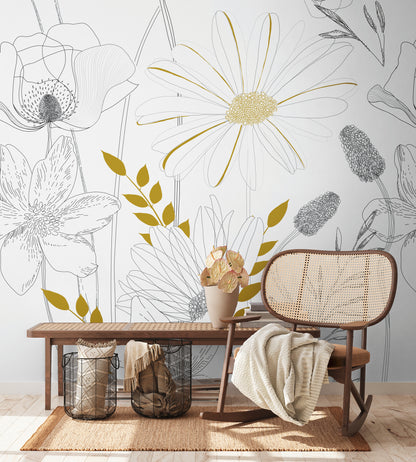 Fototapete Blumen Line Art – 2,80 m x 1,59 m
