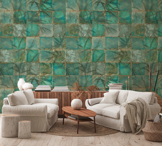Fototapete Bambus Mosaik Teal - 1,59 m x 2,80 m