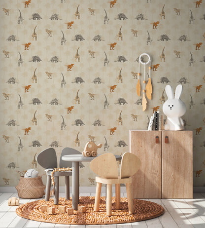 Dinosaurier Papiertapete Orange Beige Grau 10,05 m x 0,53 m