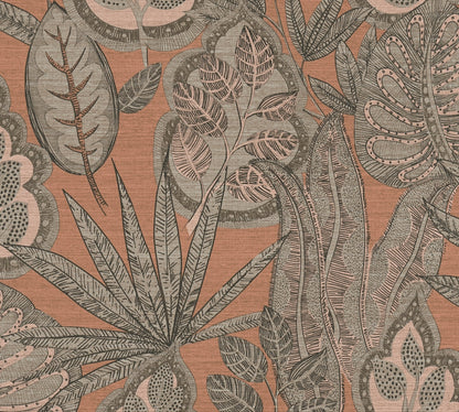 Livingwalls Grafic Leaves Pflanzen Vliestapete Rosa Grau Taupe Braun 10,05 m x 0,53 m