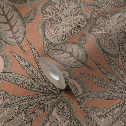 Livingwalls Grafic Leaves Pflanzen Vliestapete Rosa Grau Taupe Braun 10,05 m x 0,53 m