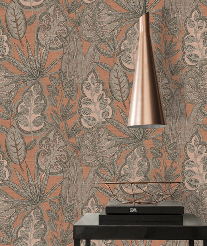 Livingwalls Grafic Leaves Pflanzen Vliestapete Rosa Grau Taupe Braun 10,05 m x 0,53 m