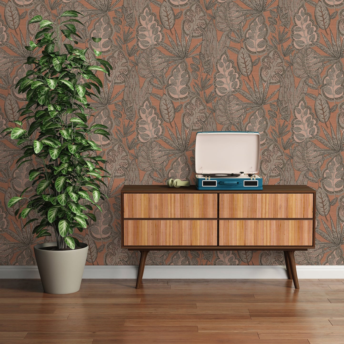 Livingwalls Grafic Leaves Pflanzen Vliestapete Rosa Grau Taupe Braun 10,05 m x 0,53 m