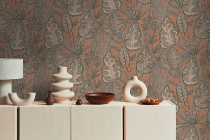 Livingwalls Grafic Leaves Pflanzen Vliestapete Rosa Grau Taupe Braun 10,05 m x 0,53 m
