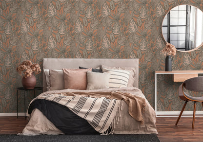Livingwalls Grafic Leaves Pflanzen Vliestapete Rosa Grau Taupe Braun 10,05 m x 0,53 m