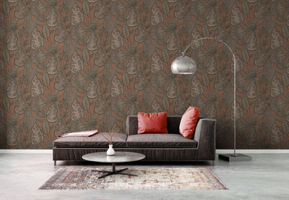 Livingwalls Grafic Leaves Pflanzen Vliestapete Rosa Grau Taupe Braun 10,05 m x 0,53 m