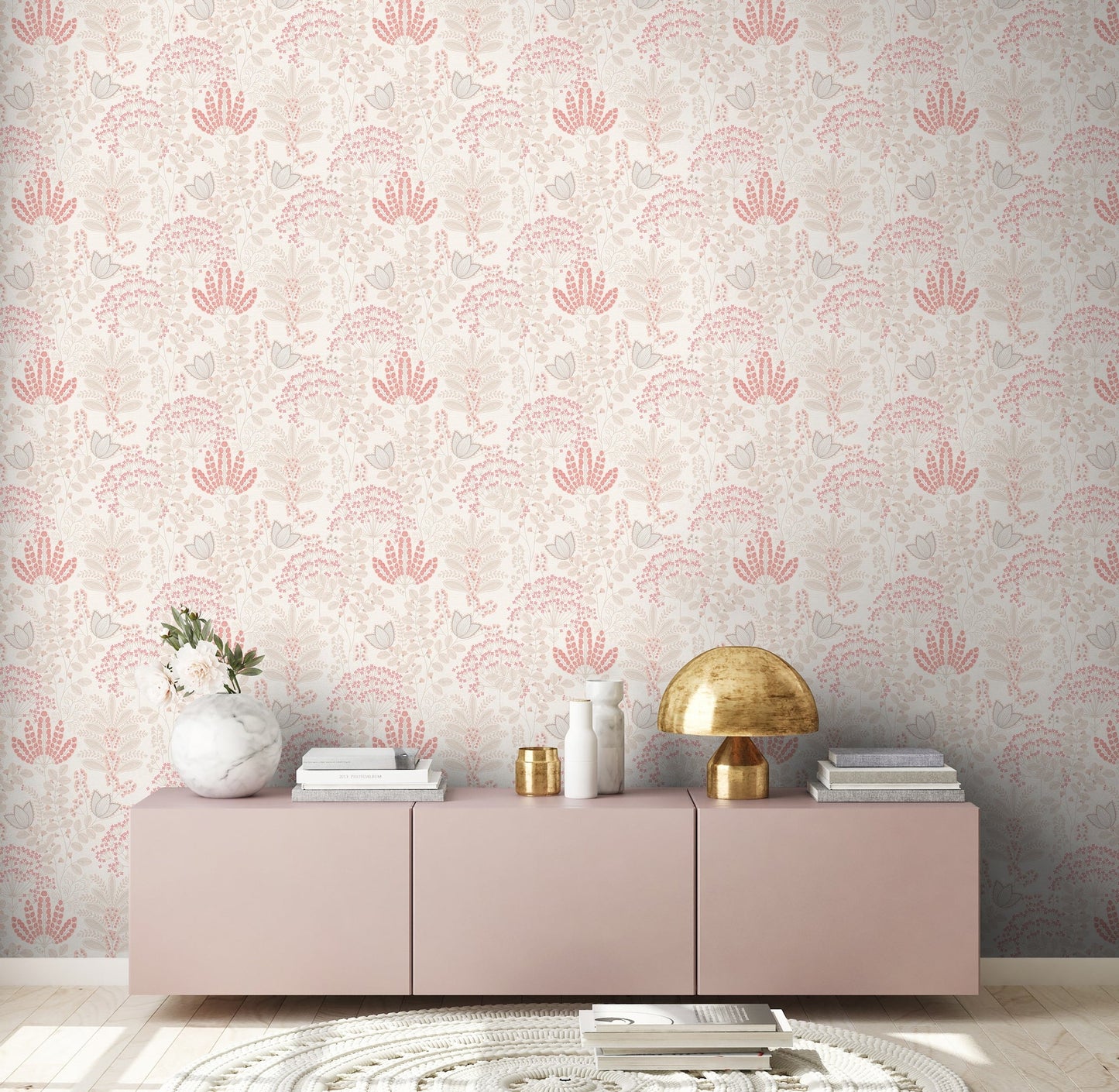 Livingwalls Dreaming Garden Florale Vliestapete Weiß Taupe Rosa Rot 10,05 m x 0,53 m