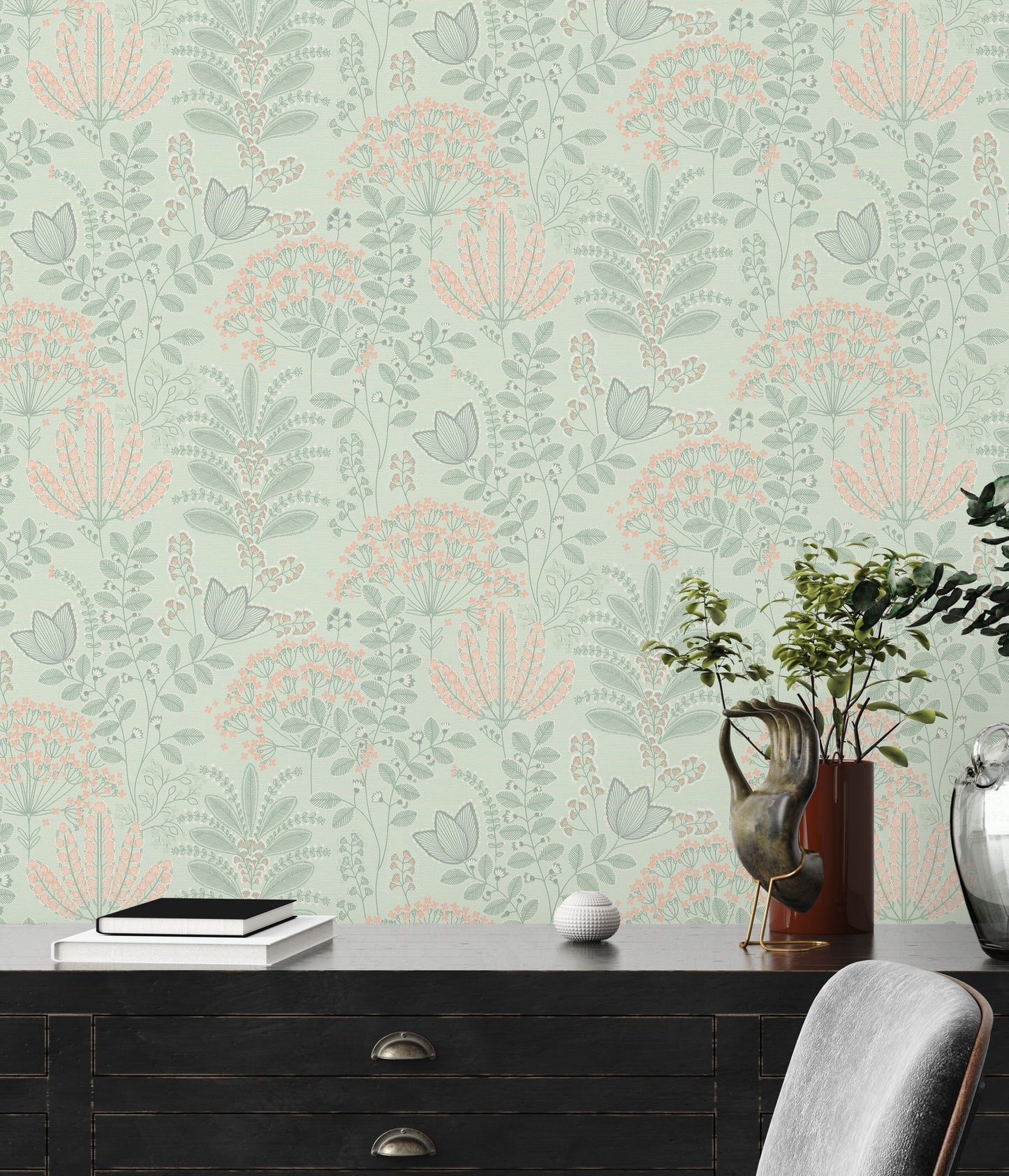 Livingwalls Dreaming Garden Florale Vliestapete Grün Grau Rosa Orange 10,05 m x 0,53 m