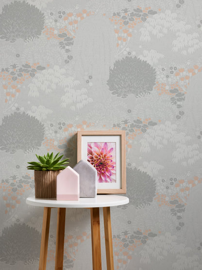 Livingwalls Fairytale Leaves Florale Vliestapete Hellgrau Weiß Rosa Orange 10,05 m x 0,53 m