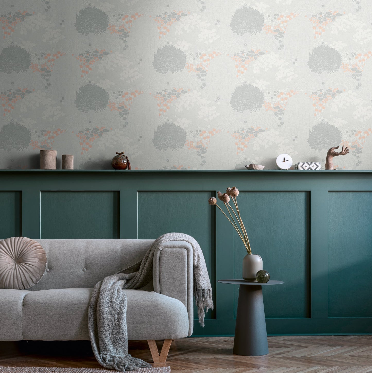 Livingwalls Fairytale Leaves Florale Vliestapete Hellgrau Weiß Rosa Orange 10,05 m x 0,53 m