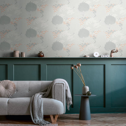 Livingwalls Fairytale Leaves Florale Vliestapete Hellgrau Weiß Rosa Orange 10,05 m x 0,53 m