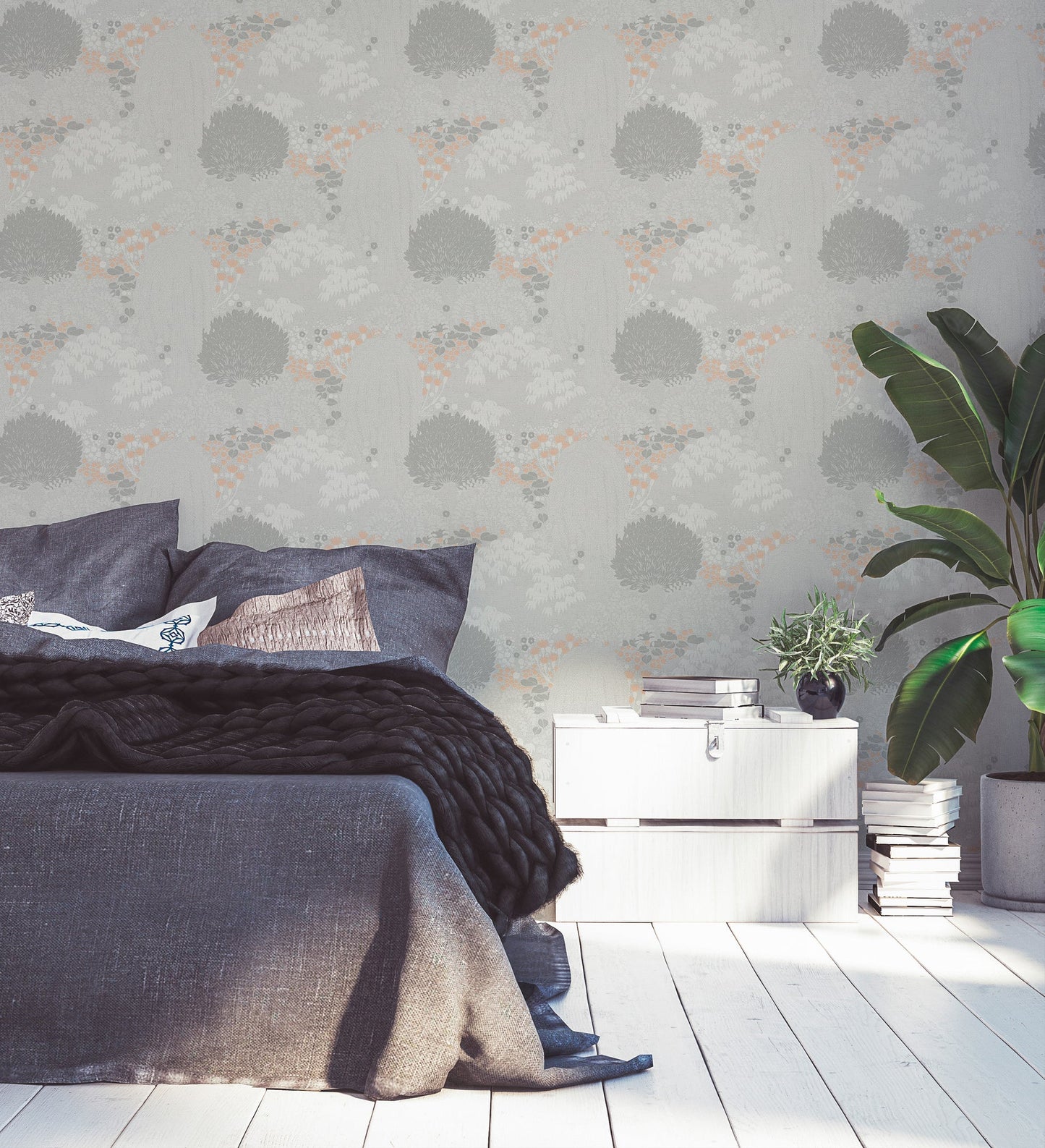 Livingwalls Fairytale Leaves Florale Vliestapete Hellgrau Weiß Rosa Orange 10,05 m x 0,53 m