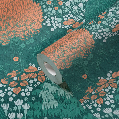 Livingwalls Fairytale Leaves Florale Vliestapete Petrol Orange Grün 10,05 m x 0,53 m