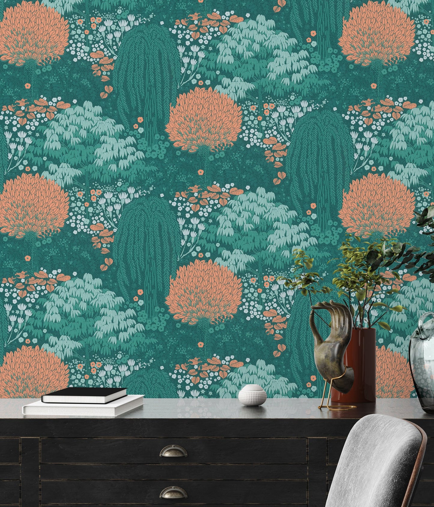 Livingwalls Fairytale Leaves Florale Vliestapete Petrol Orange Grün 10,05 m x 0,53 m