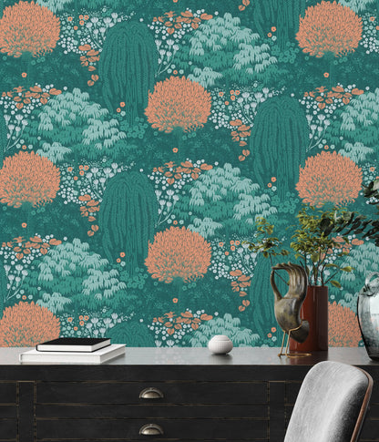 Livingwalls Fairytale Leaves Florale Vliestapete Petrol Orange Grün 10,05 m x 0,53 m