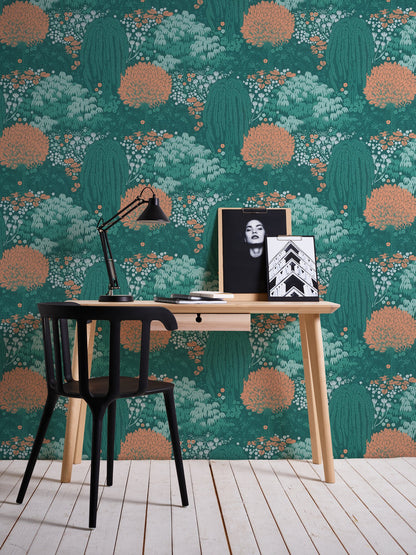 Livingwalls Fairytale Leaves Florale Vliestapete Petrol Orange Grün 10,05 m x 0,53 m