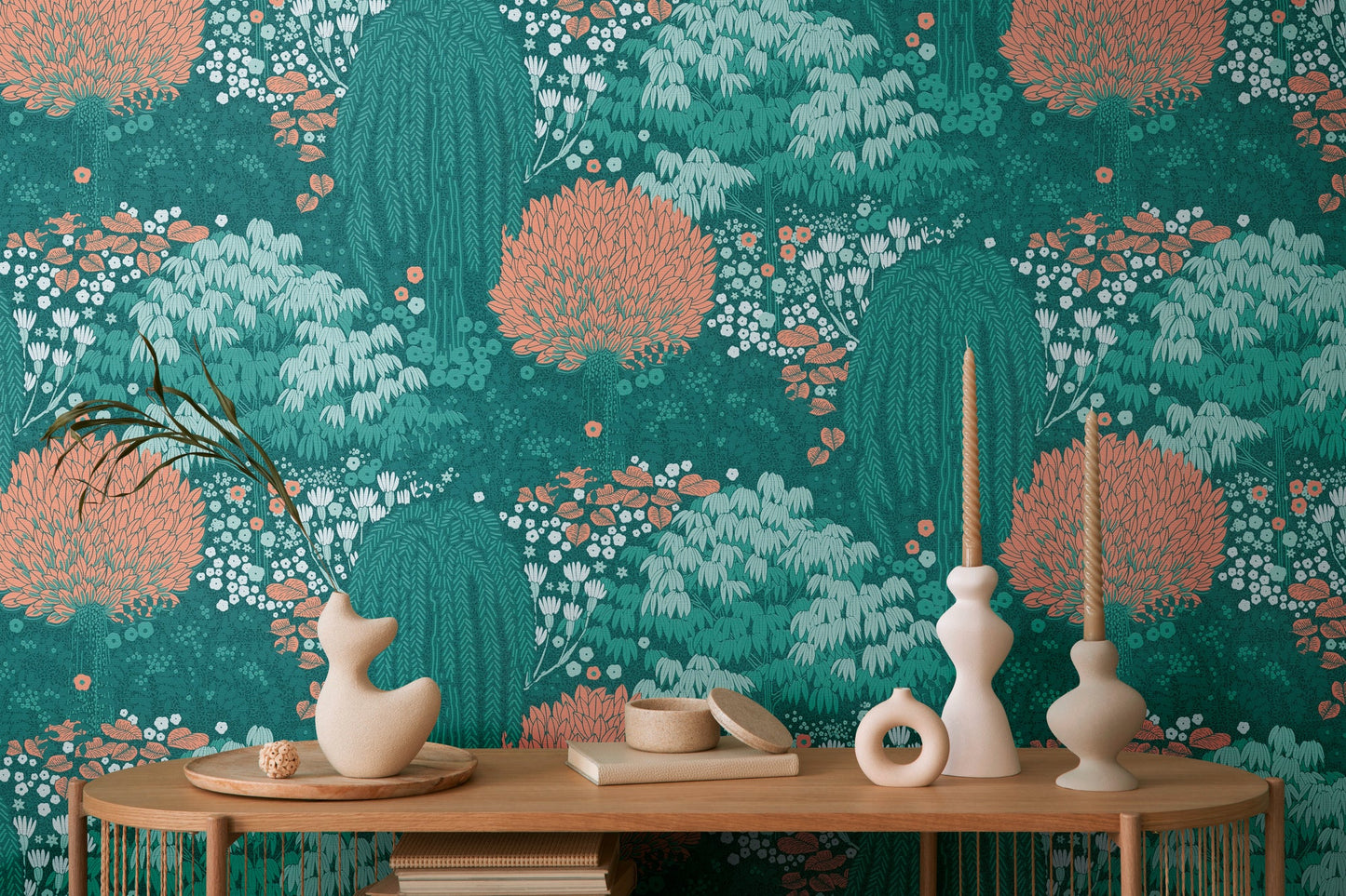 Livingwalls Fairytale Leaves Florale Vliestapete Petrol Orange Grün 10,05 m x 0,53 m