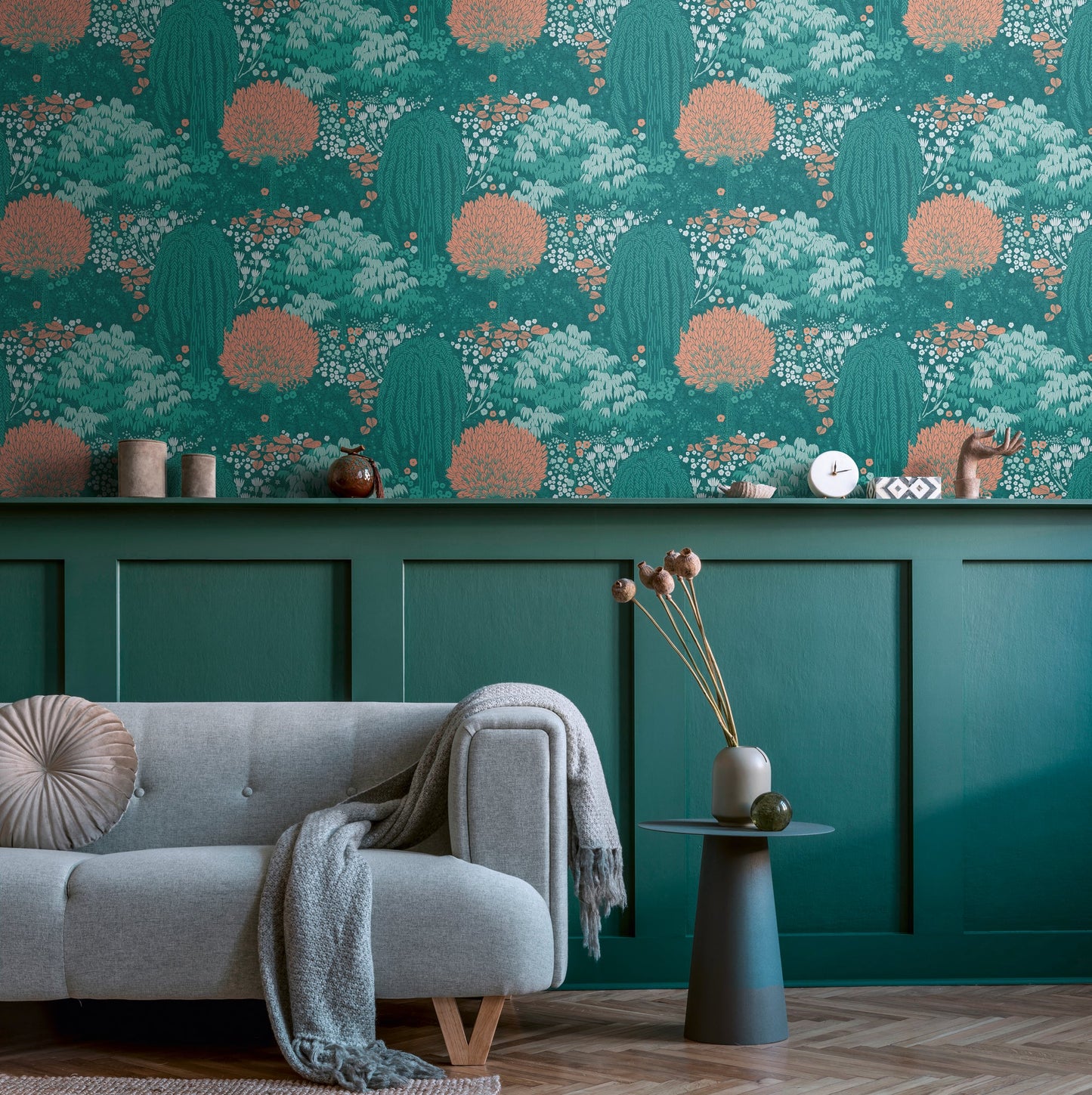Livingwalls Fairytale Leaves Florale Vliestapete Petrol Orange Grün 10,05 m x 0,53 m