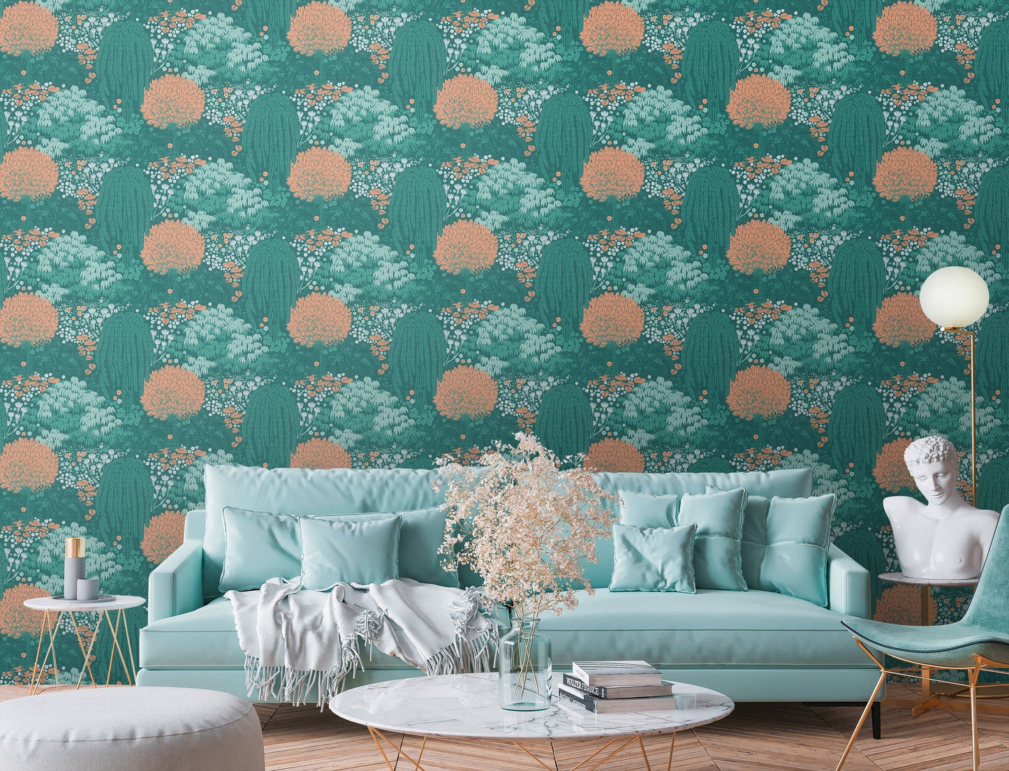 Livingwalls Fairytale Leaves Florale Vliestapete Petrol Orange Grün 10,05 m x 0,53 m