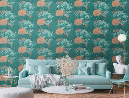 Livingwalls Fairytale Leaves Florale Vliestapete Petrol Orange Grün 10,05 m x 0,53 m