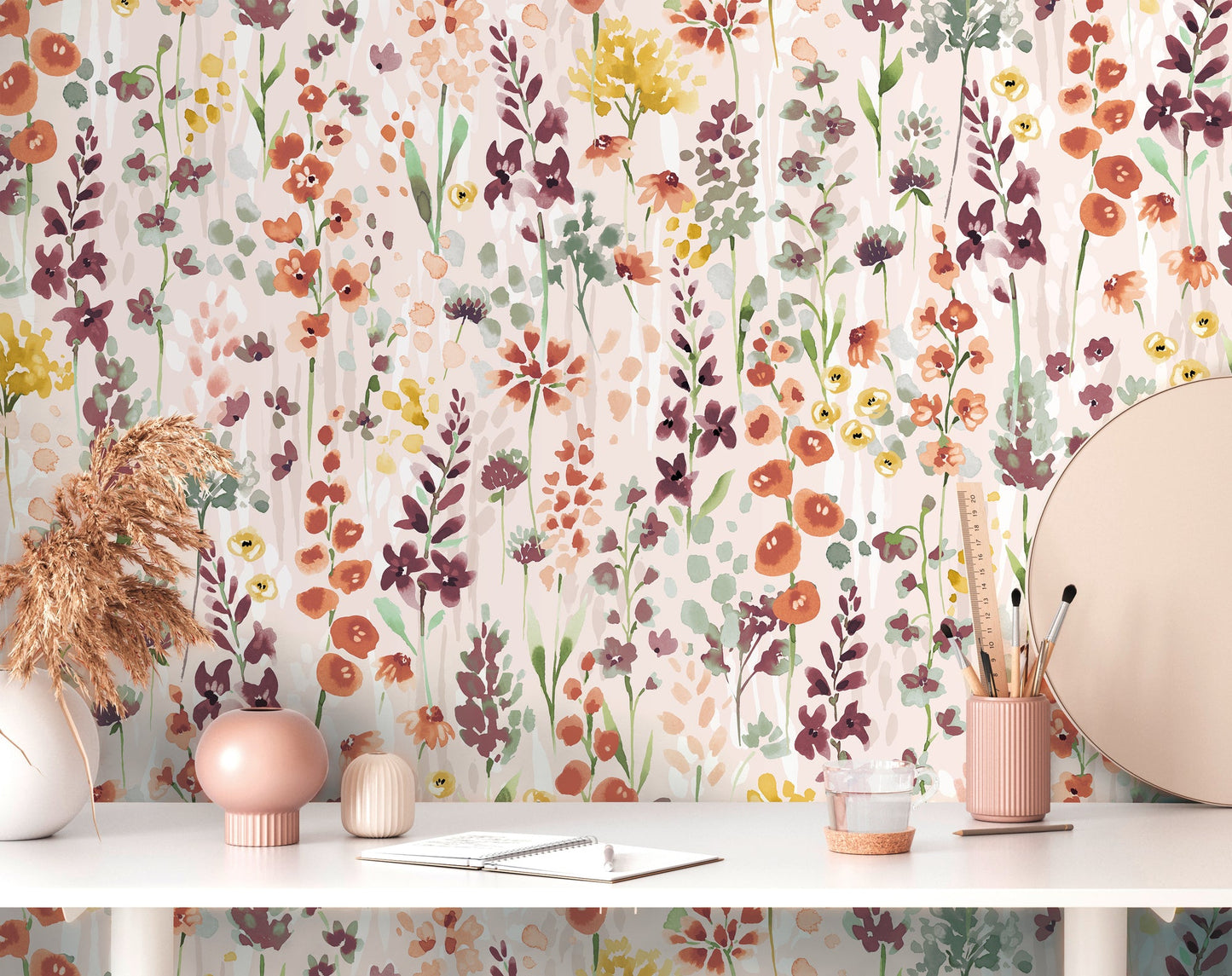 Mustertapete Wildblumen Orange Aquarell - 10,05 m x 0,53 m