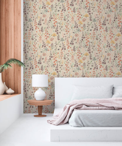 Mustertapete Wildblumen Orange Aquarell - 10,05 m x 0,53 m