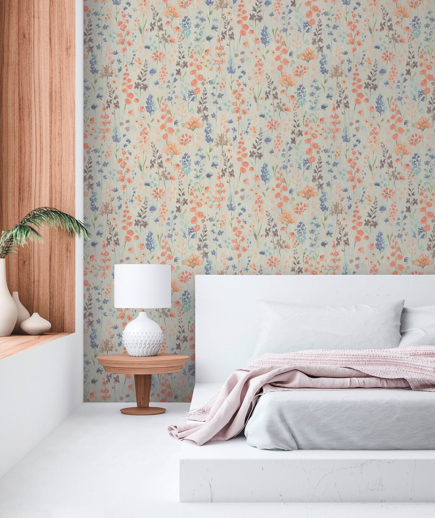 Mustertapete Wildblumen Blau-Orange Aquarell - 10,05 m x 0,53 m