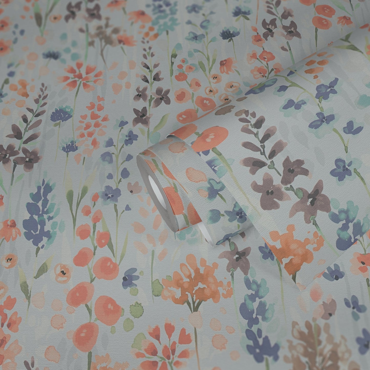 Mustertapete Wildblumen Blau-Orange Aquarell - 10,05 m x 0,53 m