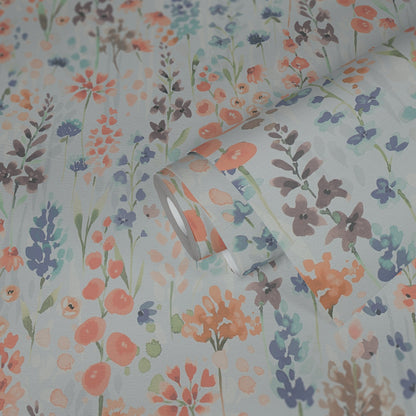 Mustertapete Wildblumen Blau-Orange Aquarell - 10,05 m x 0,53 m