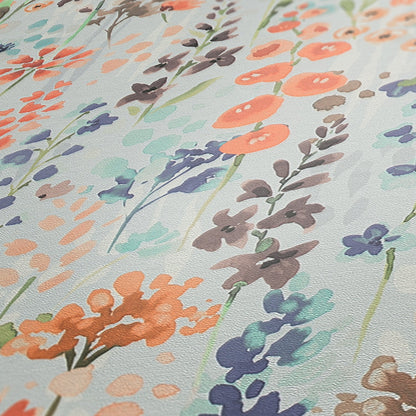 Mustertapete Wildblumen Blau-Orange Aquarell - 10,05 m x 0,53 m