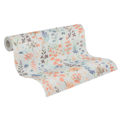 Mustertapete Wildblumen Blau-Orange Aquarell - 10,05 m x 0,53 m