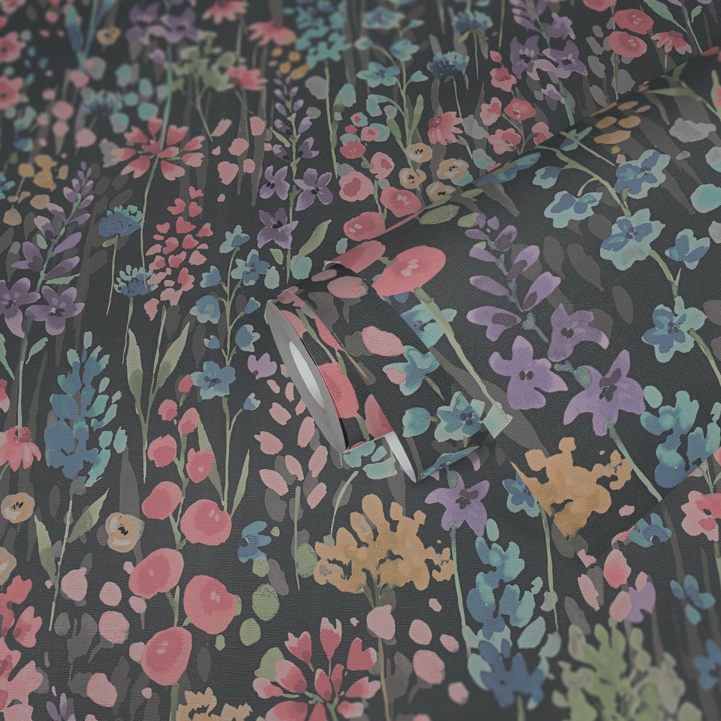 Mustertapete Wildblumen Dunkelgrau - 10,05 m x 0,53 m