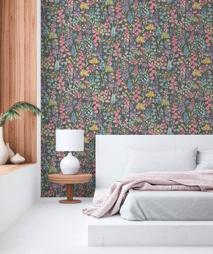 Mustertapete Wildblumen Dunkelgrau - 10,05 m x 0,53 m