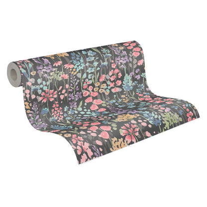 Mustertapete Wildblumen Dunkelgrau - 10,05 m x 0,53 m