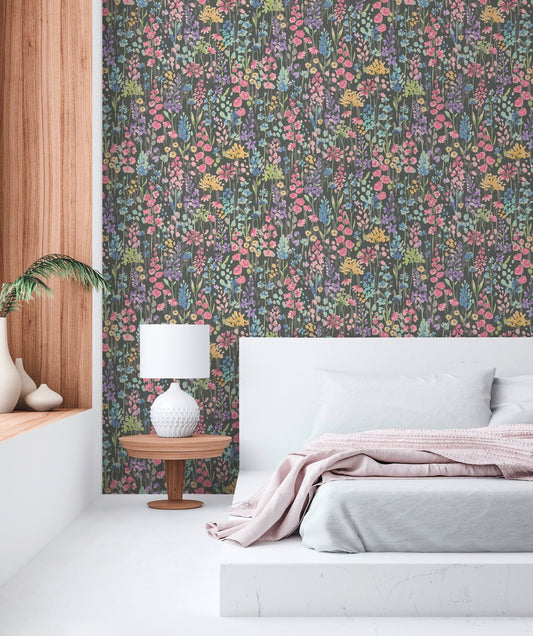 Strukturtapete Wildblumen Dunkelgrau - 10,05 m x 0,53 m