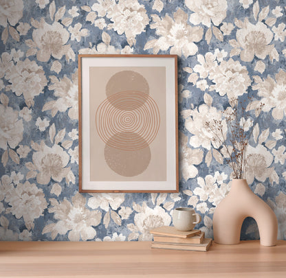 Mustertapete Vintage-Blüten Blau-Beige - 10,05 m x 0,53 m