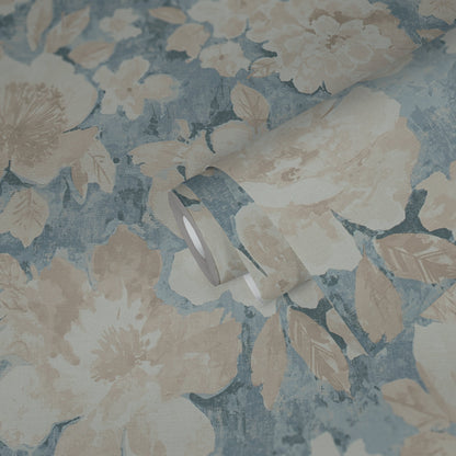 Mustertapete Vintage-Blüten Blau-Beige - 10,05 m x 0,53 m