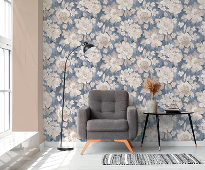 Mustertapete Vintage-Blüten Blau-Beige - 10,05 m x 0,53 m