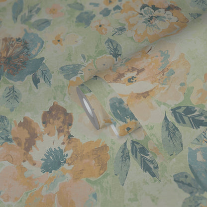 Mustertapete Vintage-Blüten Limette - 10,05 m x 0,53 m