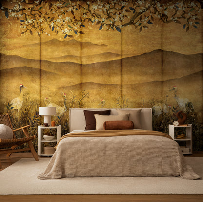 Fototapete Kraniche Gold - 3,71 m x 2,80 m