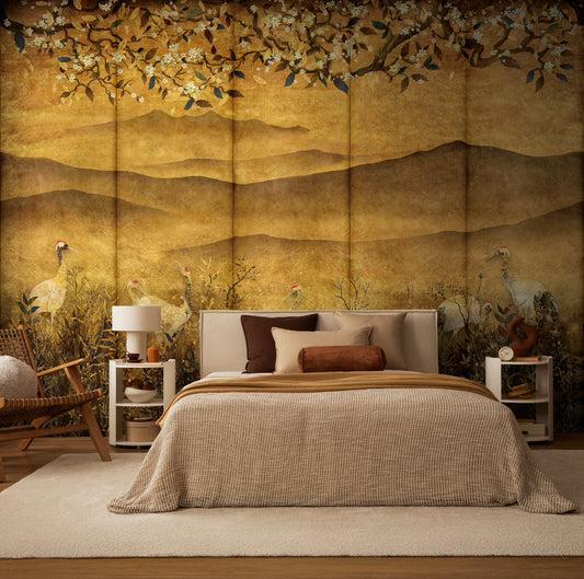 Fototapete Kraniche Gold - 3,71 m x 2,80 m