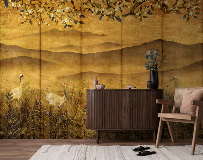 Fototapete Kraniche Gold - 3,71 m x 2,80 m