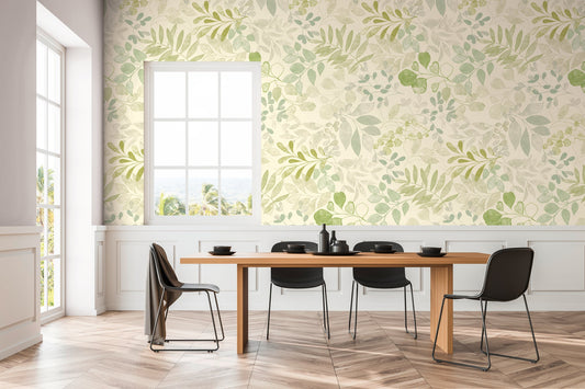 Fototapete Blätter Zweige Grün Beige - 1,59 m x 2,80 m