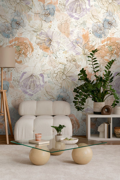 Fototapete Blumen Beige Blau - 1,59 m x 2,80 m