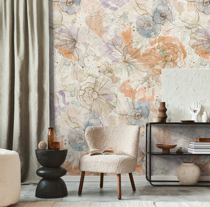 Fototapete Blumen Beige Blau - 1,59 m x 2,80 m